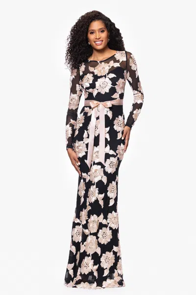 Betsy & Adam "juliana" Soutache Mesh Long Sleeve Floor Length Dress In Black