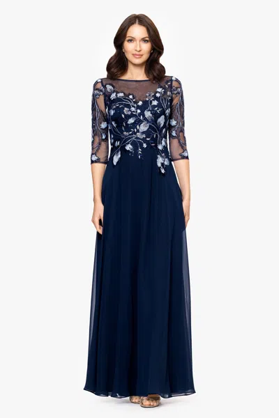 Betsy & Adam "juliette" Chiffon 3/4 Sleeve Embroidered Bodice Floor Length Dress In Blue