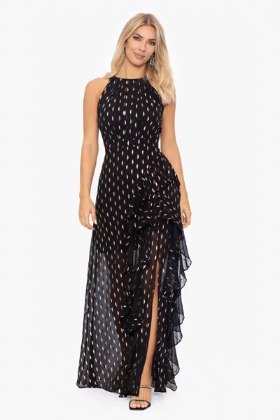 Betsy & Adam "karina" Long Chiffon Foil Ruffle Tie Neck Dress In Black