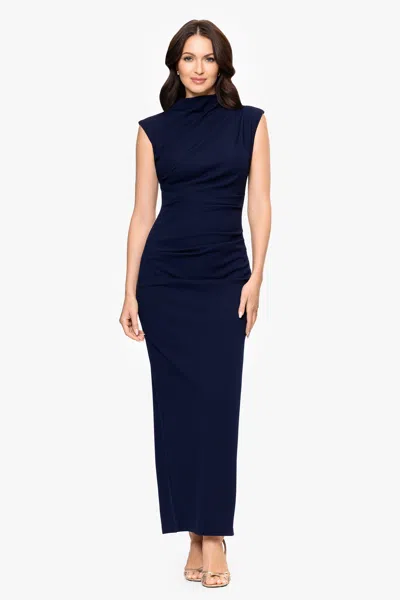 Betsy & Adam "katalina" Scuba Crepe Cap Sleeve Mock Neck Floor Length Dress In Blue