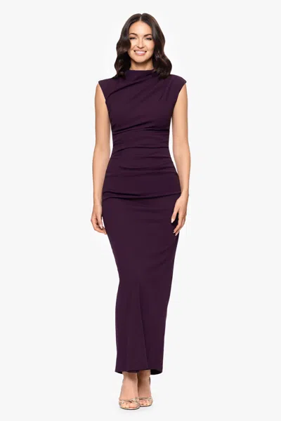Betsy & Adam "katalina" Scuba Crepe Cap Sleeve Mock Neck Floor Length Dress In Burgundy