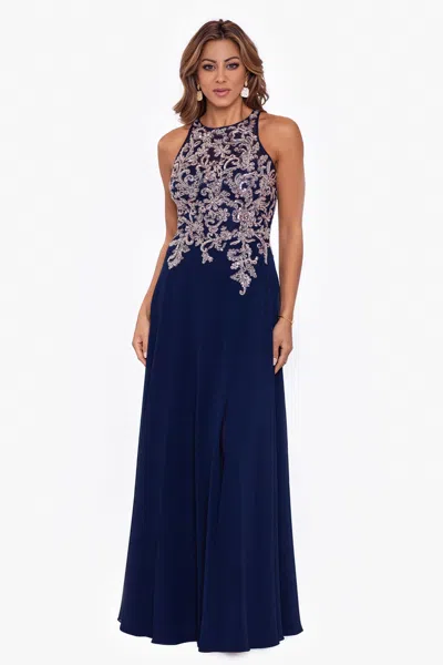 Betsy & Adam "katie" Long Chiffon Beaded Halter Dress In Blue