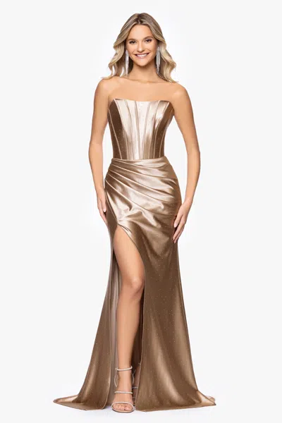 Betsy & Adam Kenya Satin Strapless Corset Gown In Brown