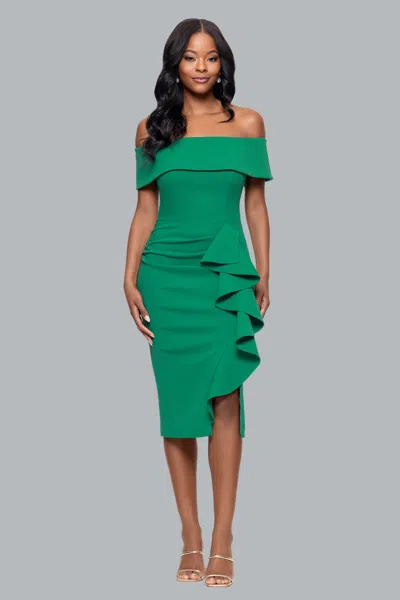 Betsy & Adam "kourtney" Scuba Crepe Off The Shoulder Ruffle Midi Dress In Green
