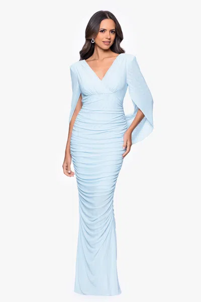 Betsy & Adam "kristen" Mesh Drape Back Floor Length Dress In Blue