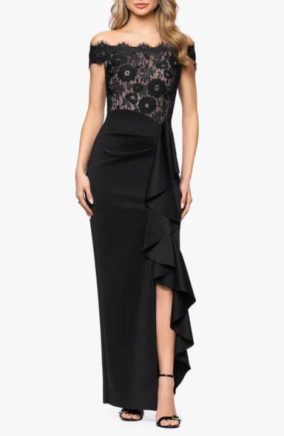 Betsy & Adam Lace & Scuba Knit Off The Shoulder Gown In Black