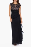 Betsy & Adam Lace Bodice Side Ruffle Gown