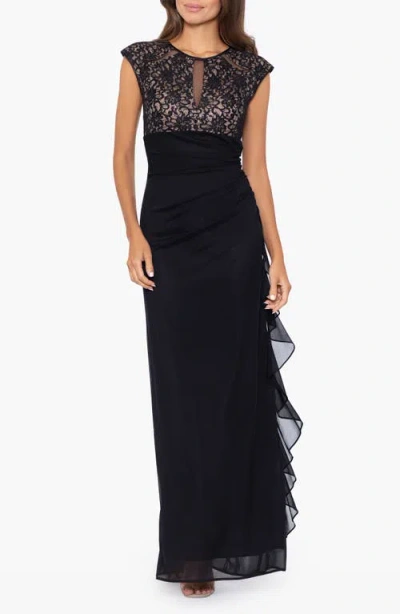 Betsy & Adam Lace Bodice Side Ruffle Gown