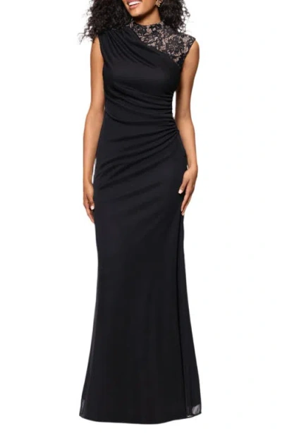 Betsy & Adam Lace Detail Mixed Media Ruched Gown In Black