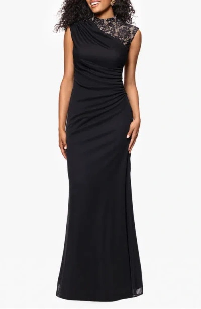 Betsy & Adam Petite Lace Trim Ruched Sleeveless Gown In Black,nude