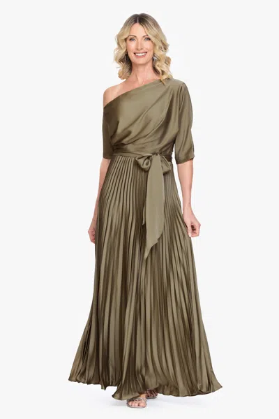 Betsy & Adam "leah" Pleated Hammered Satin Off The Shoulder Belted Dress In Green