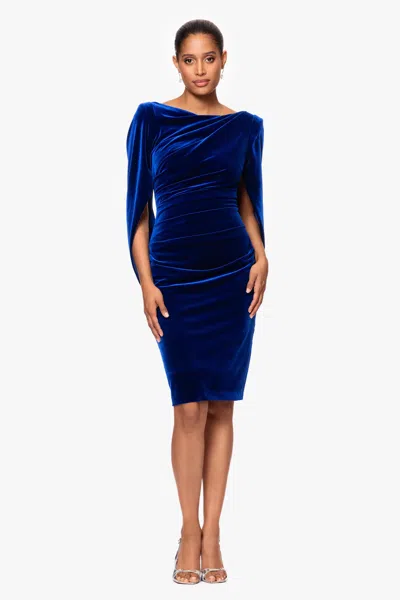 Betsy & Adam "leona" Short Velvet Drape Back Dress In Blue