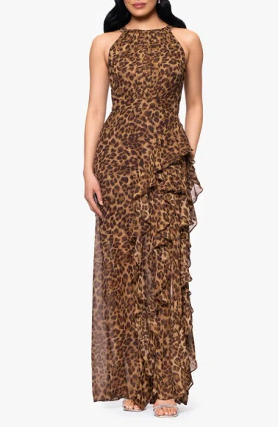 Betsy & Adam Leopard Print Ruffle Detail Chiffon Sheath Gown