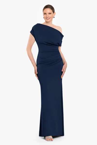 Betsy & Adam "lillian" Techno Scuba Rouching Long Dress In Blue