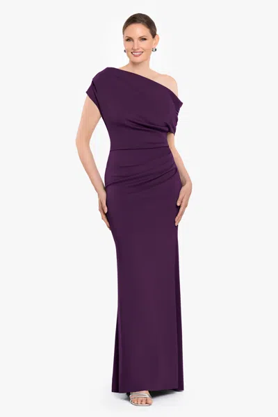Betsy & Adam "lillian" Techno Scuba Rouching Long Dress In Purple