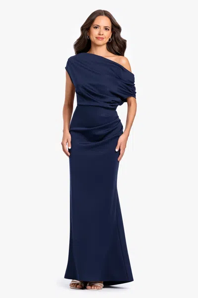 Betsy & Adam "lillian" Techno Scuba Ruched Dress In Blue