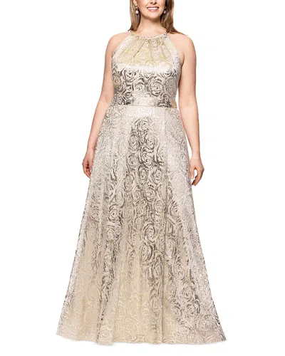 BETSY & ADAM LONG CRINKLE FOIL FLORAL GOWN