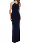 Betsy & Adam Long Halter Neck Sleeveless Gown With Rhinestone Straps In Navy In Black