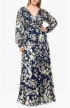 Betsy & Adam Plus Size V-neck Foil Mesh A-line Dress In Navy/gold