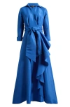 Betsy & Adam Plus Size Long-sleeve Tie-waist Long Dress In Blue