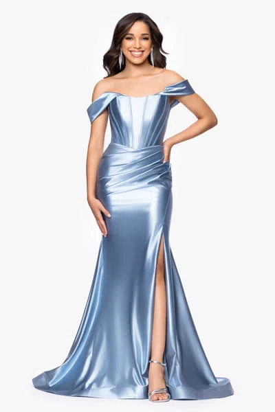 Betsy & Adam "luanna" Satin Off Shoulder Corset Floor Length Dress In Blue