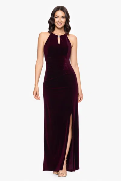 Betsy & Adam "lucielle" Velvet Emellished Keyhole Neck Floor Length Dress In Burgundy