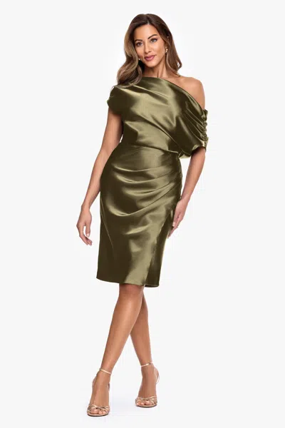 Betsy & Adam "macy" Satin Off The Shoulder Ruched Short Dress In Green