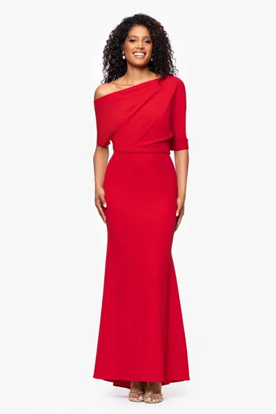 Betsy & Adam "madeline" Long Scuba Crepe Off The Shoulder Drop Dress In Red