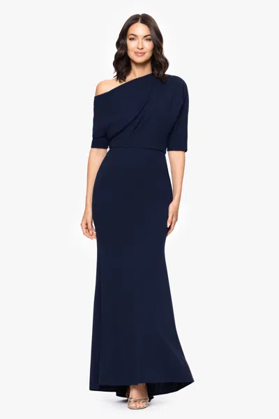 Betsy & Adam "madeline" Long Scuba Crepe Off The Shoulder Drop Dress In Blue