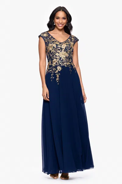 Betsy & Adam "maeve" Chiffon Embroidered Bodice Floor Length Dress In Multi