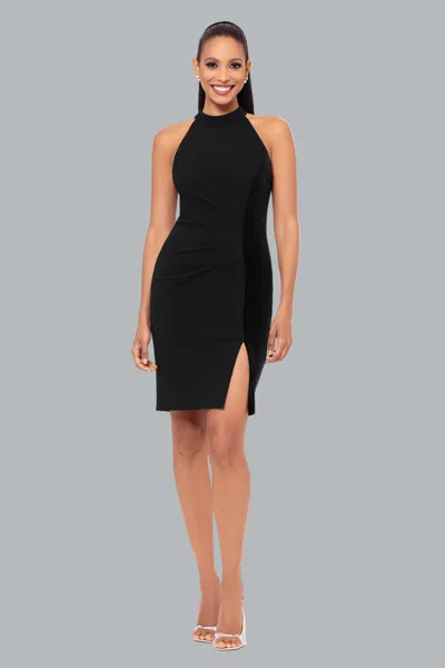 Betsy & Adam "mariana" Short Halter Neck Scuba Crepe And Velvet Stripe Dress In Black