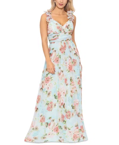 Betsy & Adam Maxi Dress Women's Blue Floral Ruffle V-neck Strappy Back Gbo620