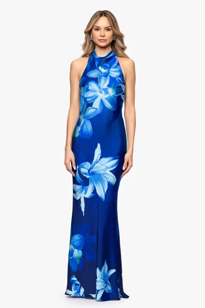 Betsy & Adam "maya" Print Satin Halter Neck Floor Length Dress In Blue