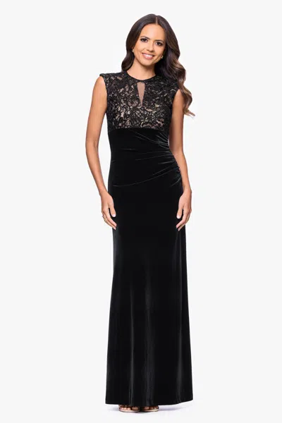 Betsy & Adam "maylin" Lace Bodice And Velvet Skirt Floor Length Dress In Multi