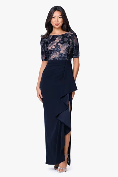Betsy & Adam "mel" Soutache And Scuba Crepe Floor Length Dress In Blue