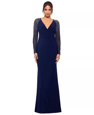 Betsy & Adam Mesh-sleeve V-neck Evening Gown In Blue