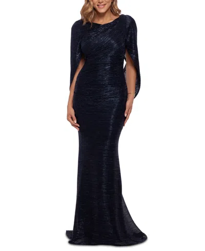 Betsy & Adam Metallic Cape Gown In Navy/royal