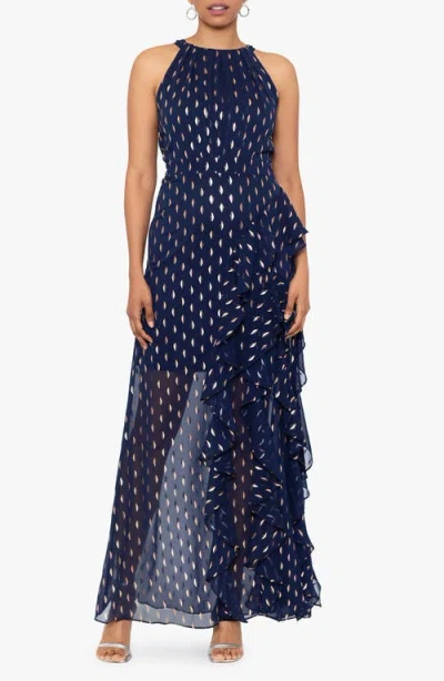 Betsy & Adam Metallic Clip Dot Ruffle Halter Neck Chiffon Gown In Blue