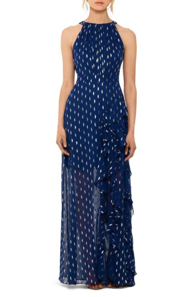 Betsy & Adam Metallic Clip Dot Ruffle Halter Neck Chiffon Gown In Light Navy/gold