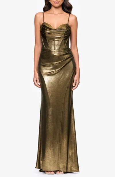 Betsy & Adam Metallic Corset Sleeveless Mermaid Gown In Gold