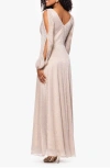 Betsy & Adam Metallic Crinkle Long Sleeve A-line Gown In Gold/silver