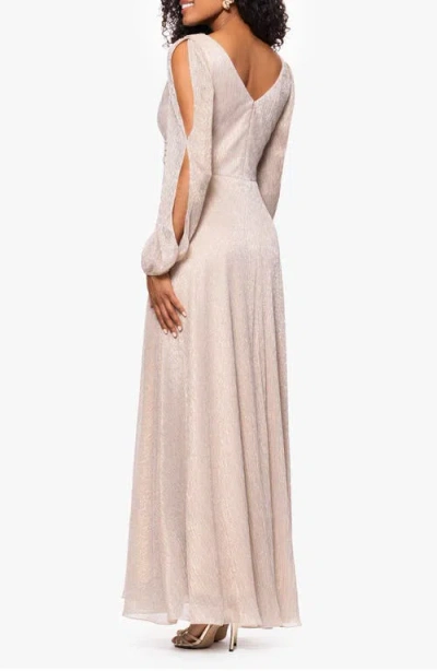 Betsy & Adam Metallic Crinkle Long Sleeve A-line Gown In Gold/silver