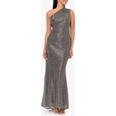 Betsy & Adam Metallic Crinkle One-shoulder Mermaid Gown In Gray