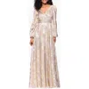 Betsy & Adam Metallic Crinkle Print Long Sleeve A-line Gown In White/pink/gold