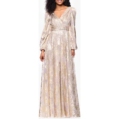 Betsy & Adam Metallic Crinkle Print Long Sleeve A-line Gown In White/pink/gold