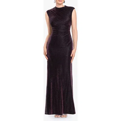 Betsy & Adam Metallic Crinkle Ruched Gown In Black