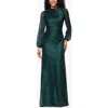 Betsy & Adam Metallic Crinkle Ruched Long Sleeve Trumpet Gown In Green