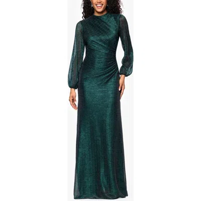 BETSY & ADAM BETSY & ADAM METALLIC CRINKLE RUCHED LONG SLEEVE TRUMPET GOWN