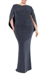 Betsy & Adam Metallic Drape Back Trumpet Gown In Black/silver