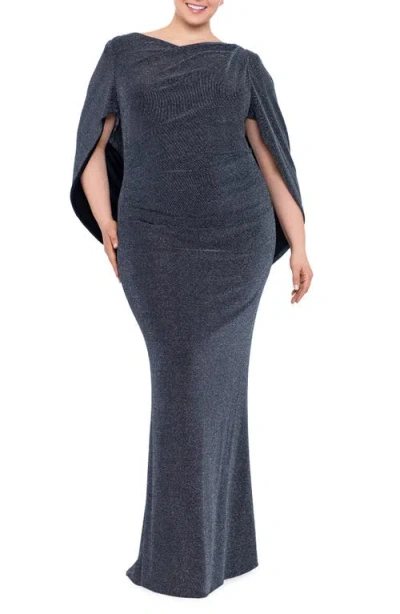 Betsy & Adam Metallic Drape Back Trumpet Gown In Black/silver